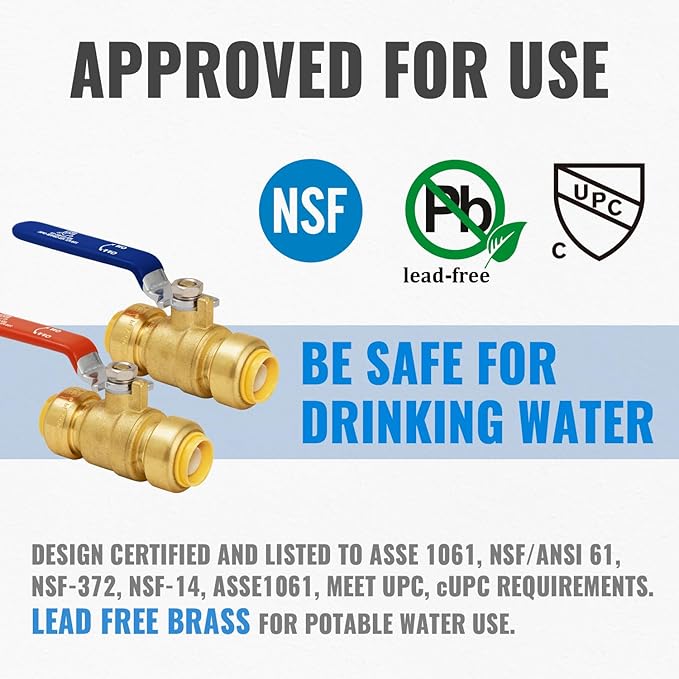 Shut Off Ball Valve 3/4 Inch, SUNGATOR 3/4 Inch Ball Valve, Push-to-Connect Water Shutoff, Easily Match to Pipe using Red and Blue Handle, No Lead Brass Fittings for PEX Pipe, Copper, CPVC, Pack of 2