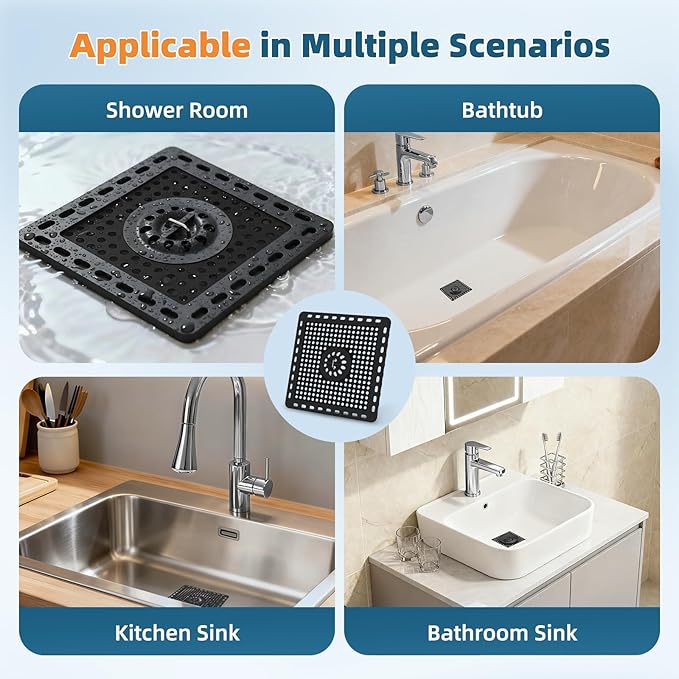 Hibbent 2 Pack Shower Drain Hair Catcher, Shower Drain Cover for Bathroom Floor 6" Drain, Anti-Clogging Bathtub Drain Strainer, Stainless Steel Kitchen Sink Drain Strainer with Handle, Matte Black