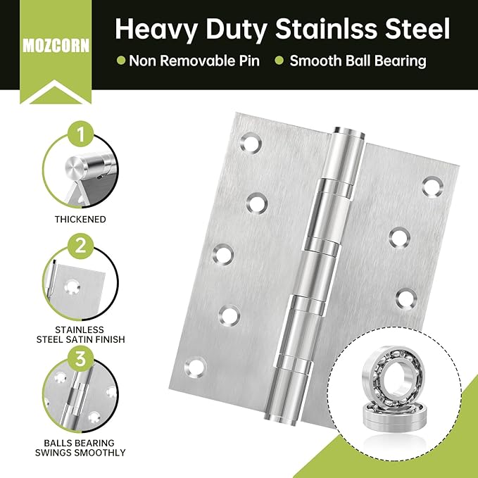 5" Ball Bearing Door Hinges 6 Pack, Heavy Duty Stainless Steel Hinge 5 x 4 Inch for Interior Exterior Doors, with Stainless Steel Screws, Silver