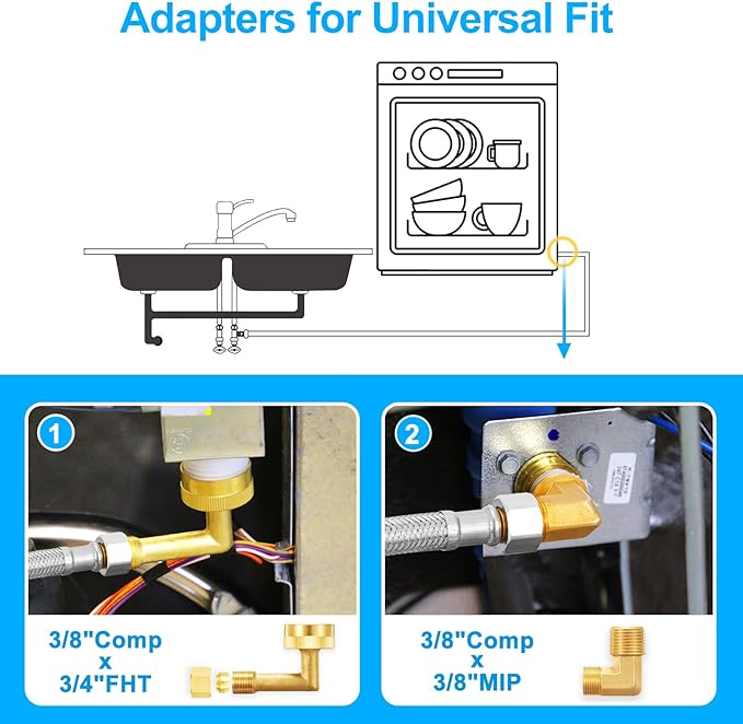 Dishwasher Installation Kit - 10 FT Premium Stainless Steel Braided Dishwasher Hose kit,Food Grade PEX Inner Tube Dishwasher Water Supply Line with 3/8"x3/8"MIP Elbow,3/8"x 3/4" FHT Elbow