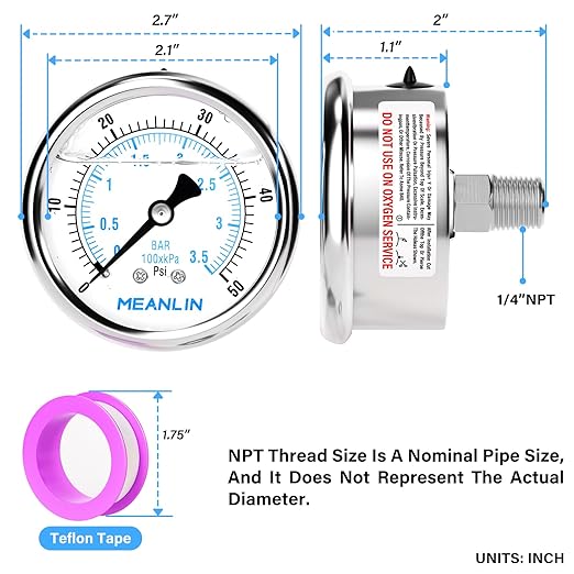 MEANLIN MEASURE 0~50Psi Liquid Filled Pressure Gauge Stainless Steel with 316 Stainless Steel Joint 1/4" NPT 2.5" FACE DIAL for Pool Sand Filter Water Oil Air Pressure Test Center Back Mount