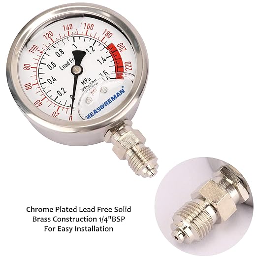 MEASUREMAN Lead-Free Glycerin Filled Reverse Osmosis Pressure Gauge, Purified Water Pressure Gauge, 2-1/2" Dial Size 1/4" Lower Mount, 0-220Psi/Mpa, with PU Tube Connection