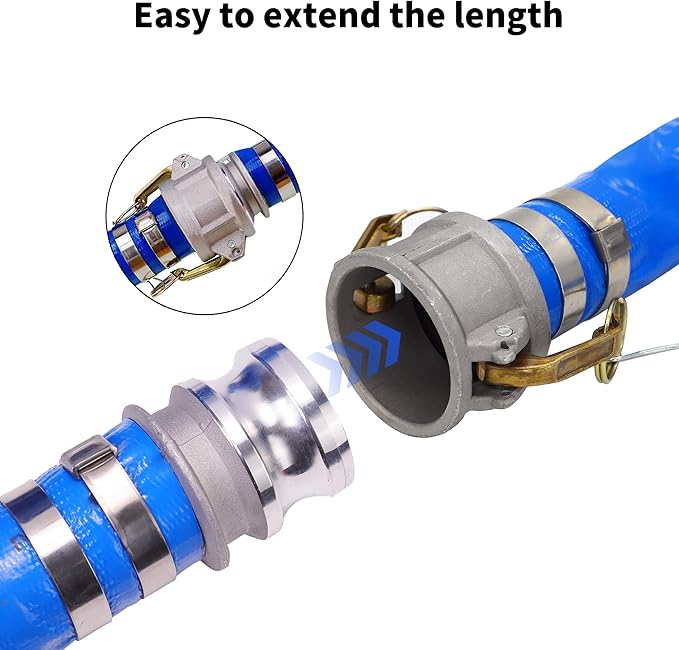 2 inch x 50ft PVC Lay Flat Discharge Hose With Aluminum Camlock C & E Fittings, Cam Lock Fitting, Heavy Duty Reinforced Pump Backwash Hose Assembly