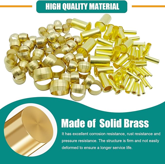 500PCS Brass Compression Sleeves Ferrules Inserts Kit 1/2" 3/8" 5/16" 1/4" 3/16" 1/8" Tube OD, 6 Sizes Air line Fittings Assortment Kit for Air Water Fuel Oil and Inert Gases Line