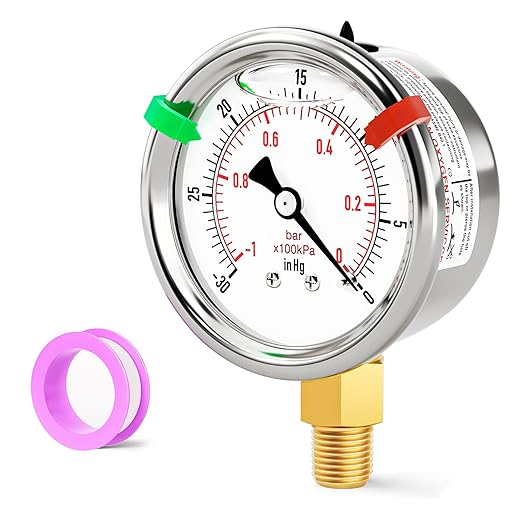 -30inHG~0Psi Stainless Steel Liquid Filled Pressure Gauge, 2.5" Dial Size, 1/8" NPT Lower Mount, for Tube, Water Pump, Gas, Liquid, Pressure Test (with Range Mark Pointer)