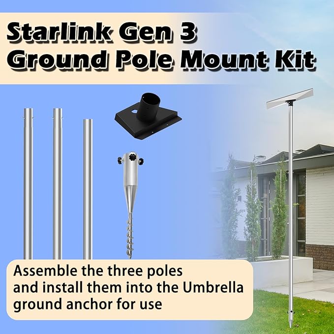 Starlink Gen 3 Pole Mount - Durable 2" Diameter 8.9ft Aluminum Pole With Pipe Adapter - Perfect for Secure Standard Dish (Mount With Ground Anchor)