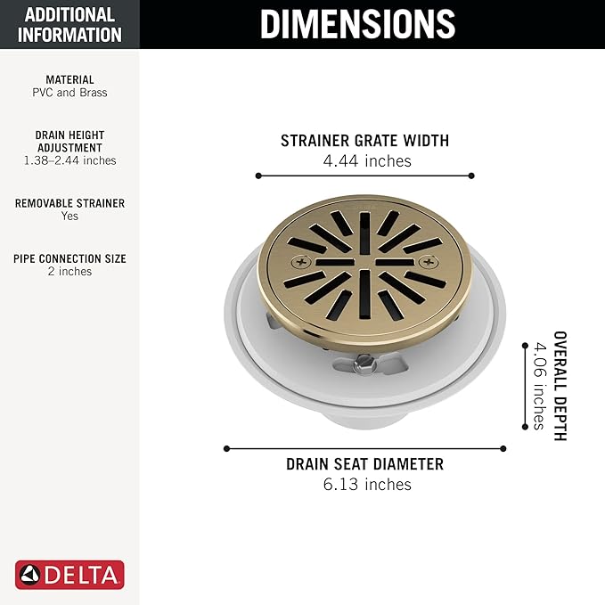 Delta 4 Inch Brushed Gold Tile-In Round Shower Floor Drain with Gasket and Removable Drain Gate, Champagne Bronze DT061411-CZ