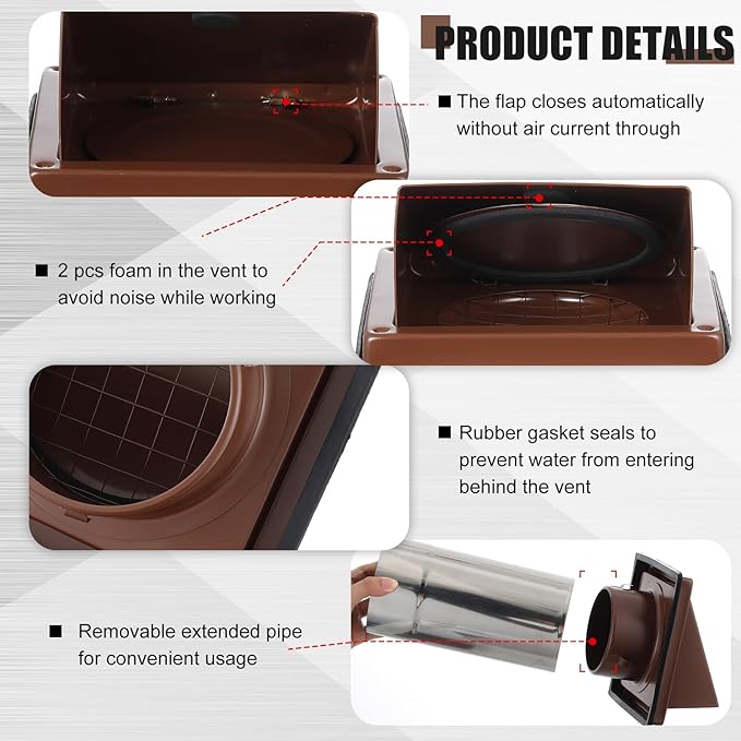 Gisafai 4" Outside Dryer Vent Cover for Exterior Walls Exhaust Vent Cap with Removable Extension Pipe Stainless Steel Hood Cushioned Non Return Flap with Sealing Gasket Grille Screen