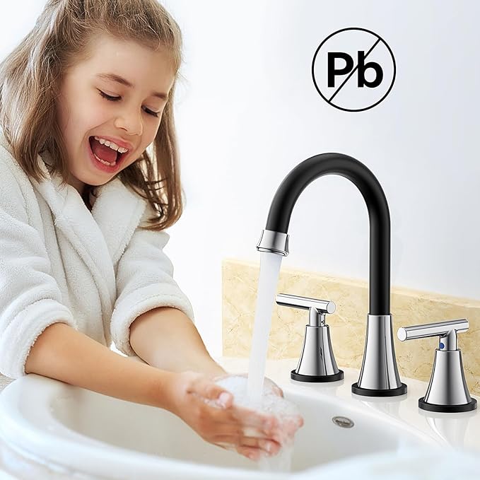 Bathroom Faucets for Sink 3 Hole, Hurran Black& Chrome Bathroom Sink Faucet with Pop-up Drain and Supply Lines, Stainless Steel Lead-Free Widespread Faucet for Vanity RV Farmhouse Sink