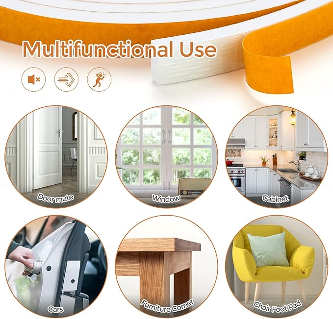 10 Feet Weather Stripping Door Seal, 3" Wide X 1/4" Thick Door Seal Strip High Density Foam Tape Adhesive Strip for Door Soundproofing,Window Insulation (3" x 1/4" x 10FT, White)