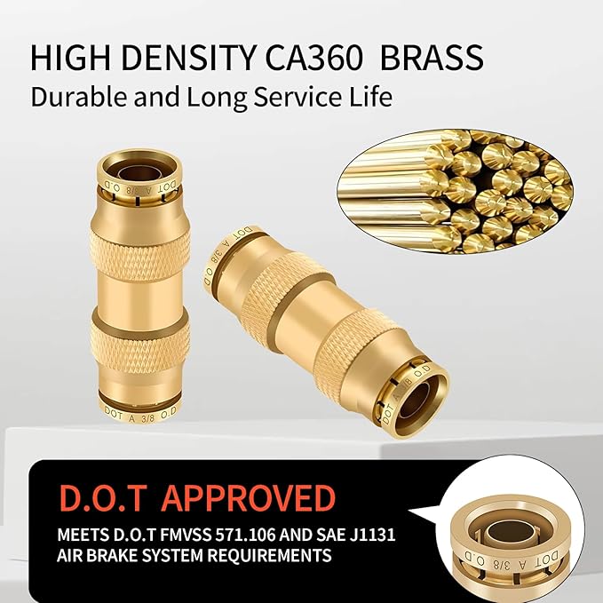 1/4" Brass Push to Connect Fittings Straight Union Dot Approved Air Brake Quick Connect Fittings Air Line Fittings Air Suspension Kit for Truck Trailers and Air Brake System 5Pcs