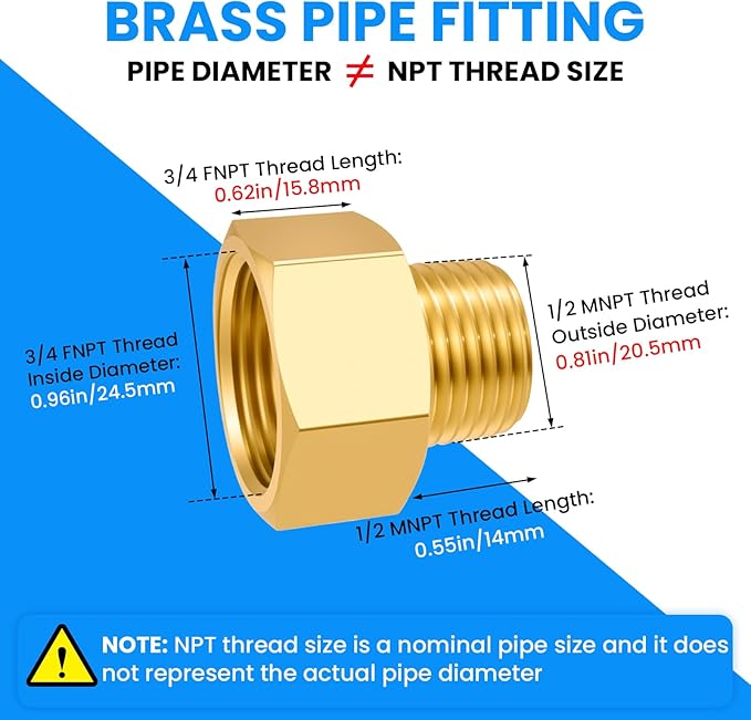 SDTC Tech 2-Pack Brass Pipe Fitting 1/2 NPT Thread Male to 3/4 NPT Thread Female Reducer Adapter, Brass Pipe Extension Connectors