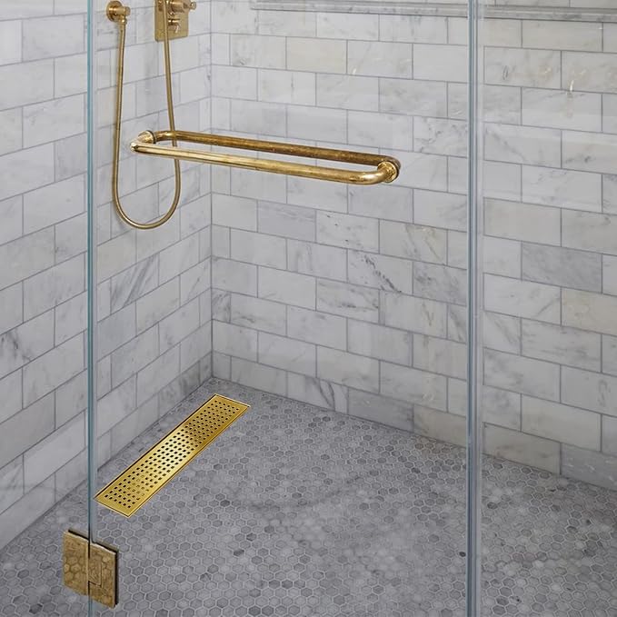 Linear Shower Drain 12", 304 Stainless Steel Floor Drain with Grid Drain Cover & Hair Strainer, Rectangular Shower Drain w/CUPC Certified, Brushed Gold