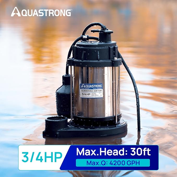 AQUASTRONG 3/4 HP Sump Pump, 4200 GPH Stainless Steel and Thermoplastic Submersible Water Pump, Automatic Float Switch with Piggy-back Plug,1-1/2" NPT Discharge Subpumps for Basement and Flooding Area