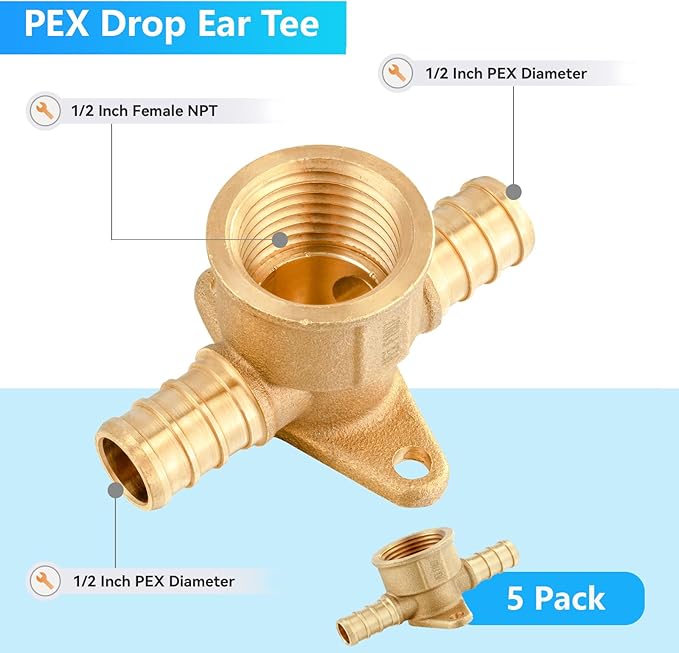 (Pack of 5) PEX Fittings,1/2 Inch x 1/2 Inch Female NPT Pex Drop Ear Tee,PEX Brass Fittings for Pex Pipe 1/2 Inch Fittings Connect