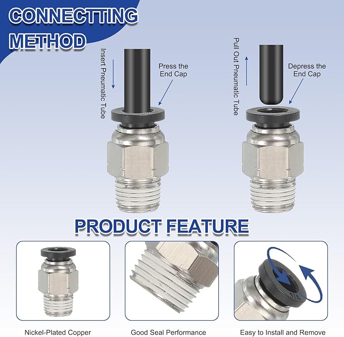 MECCANIXITY 2 Pcs NPT Push to Connect Air Fittings, Male Straight 3/8" Tube OD x 1/4" NPT Thread Air Quick Connector Coupling Adapter for Gas Hose Pneumatic Tools Black