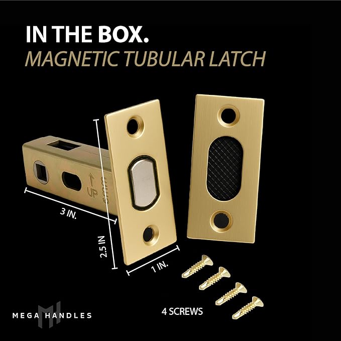 Mega Handles Magnetic Tubular Door Latch - 3 Inch Magnetic Exterior Door Latch, Standard Door Latch Replacement Suitable for Every Door Handle & Knob Brand - Satin Brass