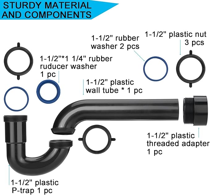 (1 Pack) Yariwiz Black P Trap 1 1/2 Inch for Bathroom Kitchen Sink Drain Pipe Tubular Kit with Black Threaded Adapter and Blue TPE Washer KSD-001B