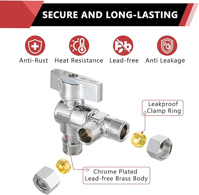 (Pack of 5) EFIELD Dual Outlet Angle Stop Valve, Quarter Turn, 1/2" Expansion F1960 Pex-A Inlet x (3/8 inch x 3/8 inch) Compression Outlets, Chrome Plated Brass,(VALVE203-5PCS)