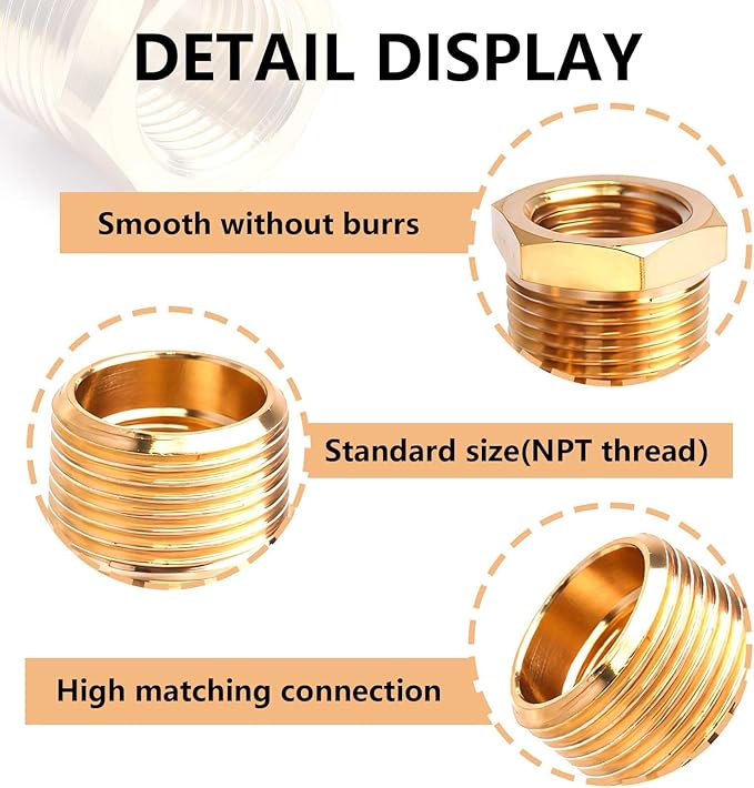3/8" NPT Male to 1/4" NPT Female Brass Hex Bushing Reducing Bushing Pipe Fitting, Brass Fitting Reducer Adapter 3 Pack