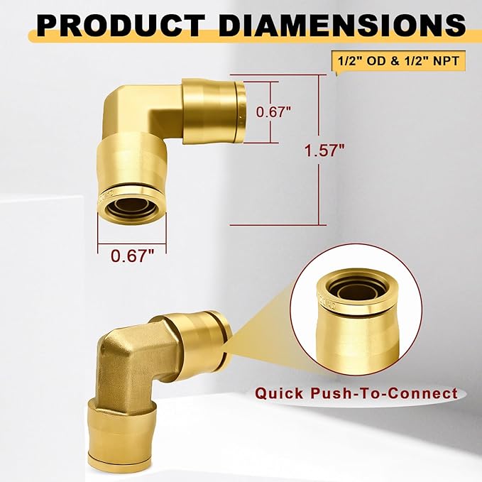 Siptenk 3PCS 1/2" Elbow DOT Brass Push to Connect Fittings, Air Brake Line Quick Connect for Truck Trailers Industry Air System