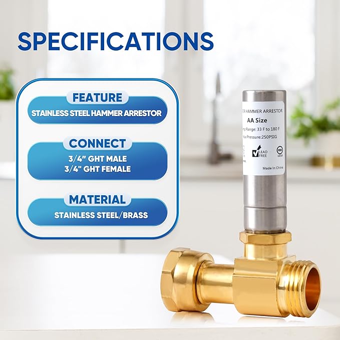 Tee Stainless Steel Water Hammer Arrestor for Washing Machine, 3/4 Inch Swivel FHT x 3/4 Inch MHT, Protect Your Plumbing from Noise and Damage, Straight(Pack-2)