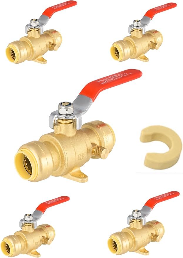 (Pack of 5) EFIELD 1/2 Inch Push-Fit Full Port Drop Ear Brass Ball Valve with Drain, Disconnect Clip Tool, UPC Certified,(PF-VALVE070-5PCS)