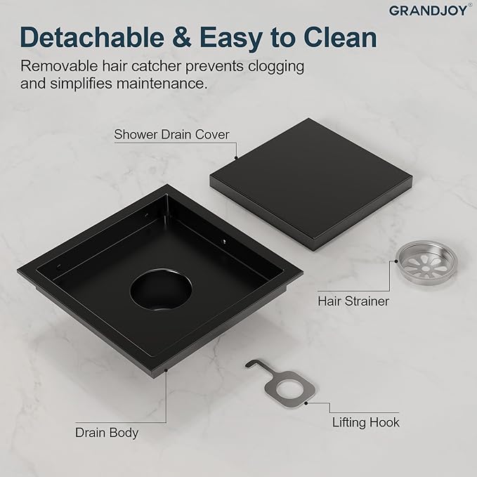 6 Inch Square Shower Floor Drain, Matte Black SUS304 Stainless Steel Grid Grate with X-Shaped High Flow Channel, Anti-Clogging Hair Strainer, Standard 2" Outlet