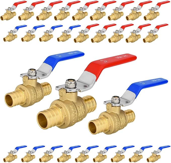 30-Pack Foskan 3/4" PEX Crimp Ball Valve, Brass Quarter Turn Full Port Shut-off Valve for PEX Tubing(Blue and Red)