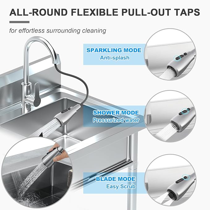 Stainless Steel Utility Sink Freestanding Single Bowl Laundry Sink with 360° Swivel Pull-Out Sprayer Faucet, Hot and Cold Water Plumbing Workbench Drawers for Laundry Room Farmhouse