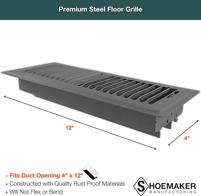 Shoemaker 4x12 Floor Register – Storm Gray Heavy Duty Metal Floor Vent Cover for Home Floors - Premium Forced Air Vent Covers