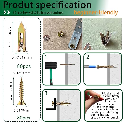 501PCS Drywall&Hollow&Concrete Wall Anchors Toggle Bolts and Wing Nut with Screws Kit,Self Drilling Expansion Screws (2025 Upgraded),11 Sizes Sheetrock Anchors Screws Kit for Wall Art Decor