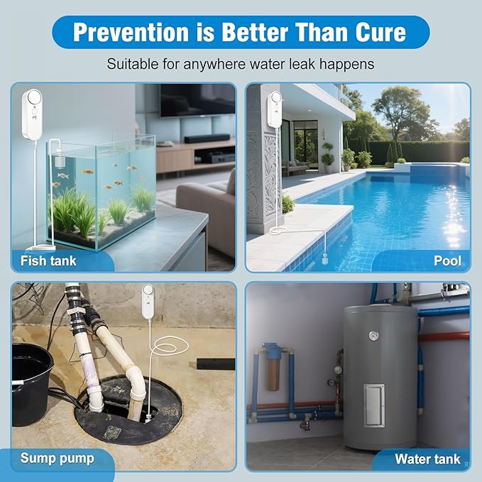 Daytech Water Level Sensor 100 dB Sump Pump Alarm Water Sensors for Leaks with 78 inch Detector Cable and 4 Volume Levels Flood Sensor for Basements(1PC)
