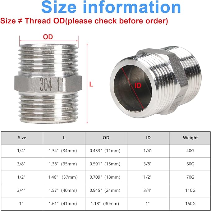 2Pcs 1" Male Hex Nipple Pipe Fittings, 304 Stainless Steel Threaded Adapter Fittings, 1 Inch Equal Nipples Connectors, Male Straight Threaded Pipe Fitting