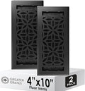 Floor Register 4x10 Vent Cover – 2 Pack – Heavy-Duty Steel, Rustproof & Walkable Grates, Drop-in Install, Adjustable Air Supply Switch - Decorative Floral Design, Textured Black