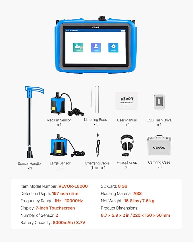 VEVOR Pipe Water Leak Detector for Outdoors, 1Hz-10000Hz, 7" Touchscreen Leakage Detection Locator for 16.4FT (5m) Underground Plumbing - with Medium & Large Sensor, 3 Listening Rods, Headphone & Case