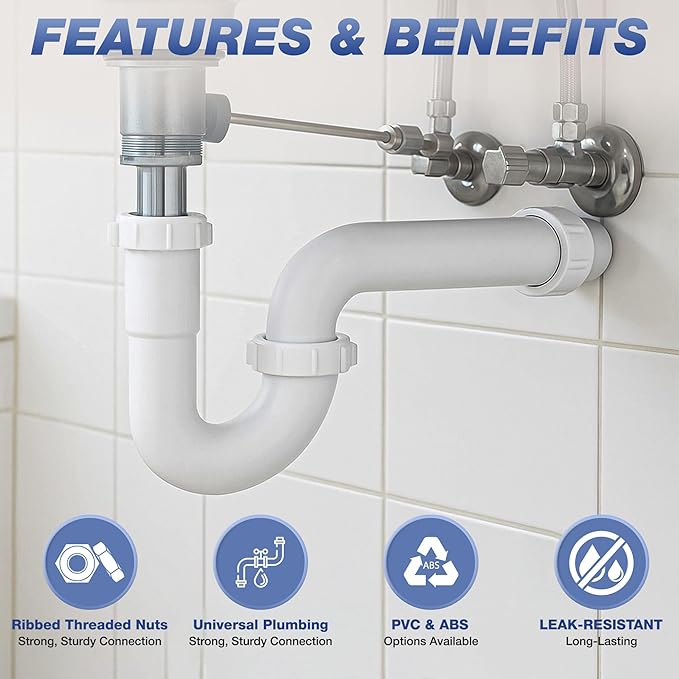 1-1/2 Inch P-Trap Kit, Polypropylene Tubular with PVC Marvel Adapter, Ribbed Threaded Nuts for Strong Leak-Free Connection, Includes J-Bend, Wall Arm & Washers, Made in USA