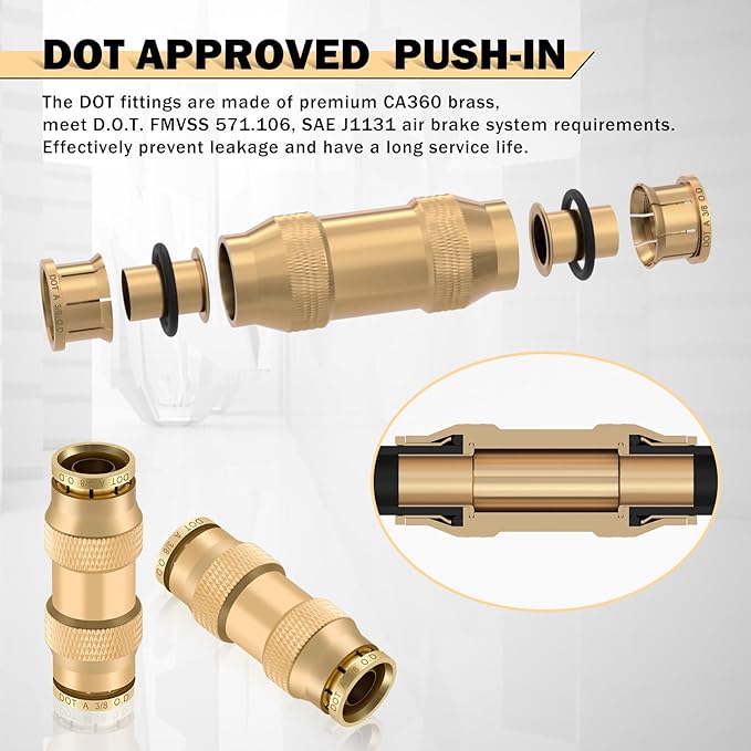 CheeMuii 23 PCS Brass DOT Air Line Fittings Kit 1/4 3/8 1/2 DOT Quick Connect Air Fittings Straight Union Push to Connect Air Hose Fittings for Semi Truck Trailers Air Brake System