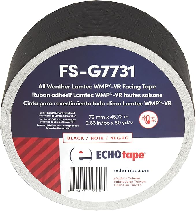 ECHOtape FS-G7731 | All Weather Lamtec WMP-VR Facing Tape | Metal Building Insulation Tape | Black Seam and Repair Tape | Cold Weather Acrylic Adhesive | Contractor Tape | 2.83 in x 50 yds