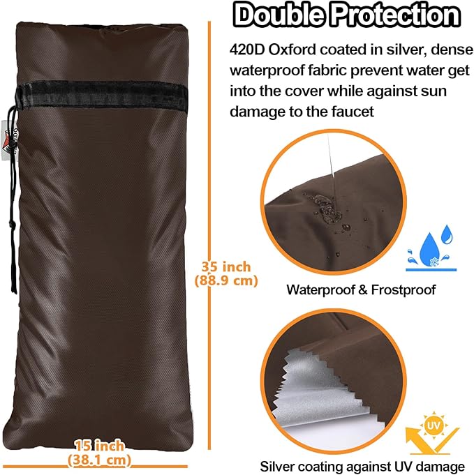 Extended Outdoor Faucet Cover for RV Park Water Hydrant Insulated, 3M Thinsulate Insulation Sprinkler Freeze Protector for Winter & Summer, 35”H x 15”W for Garden Lawn Faucets & Yard Hydrant - Brown