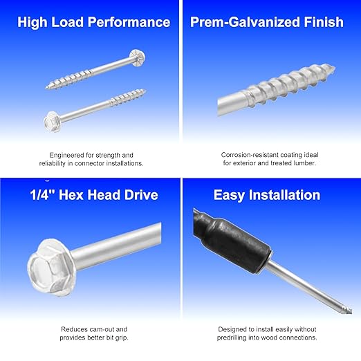 VCTGAM® SD Connector Screws SD9212R500 – 9 x 2-1/2", 1/4" Hex Head, Structural Framing Joist Hanger Screws, Prem-Galvanized High-Strength Corrosion & Deformation Resistant Wood Screws, (500-Qty)