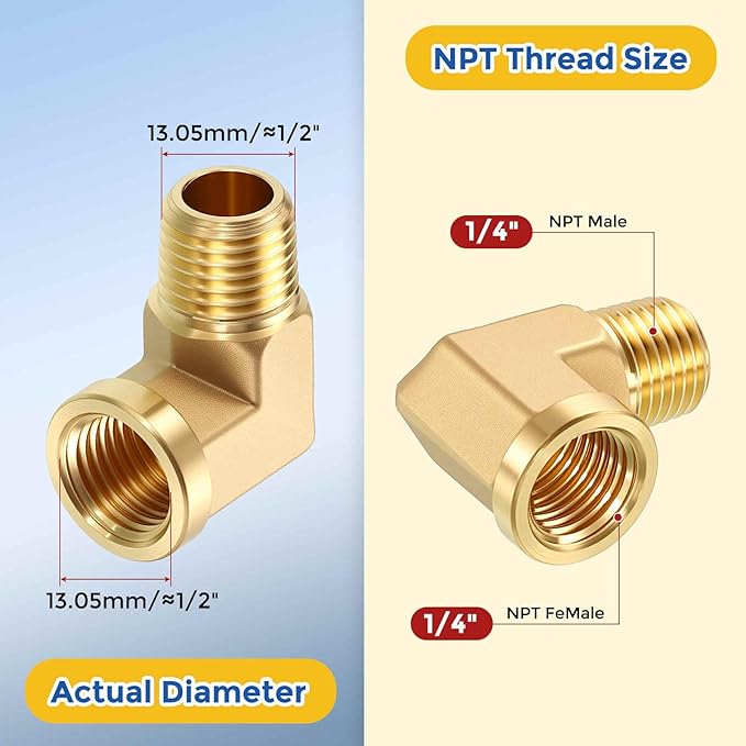 2 Pack Brass Pipe Fittings, 90 Degree 1/4" NPT FeMale to 1/4" NPT Male Barstock Street Elbow, Forged Pipe Fitting Connector for Air, Oil, LP