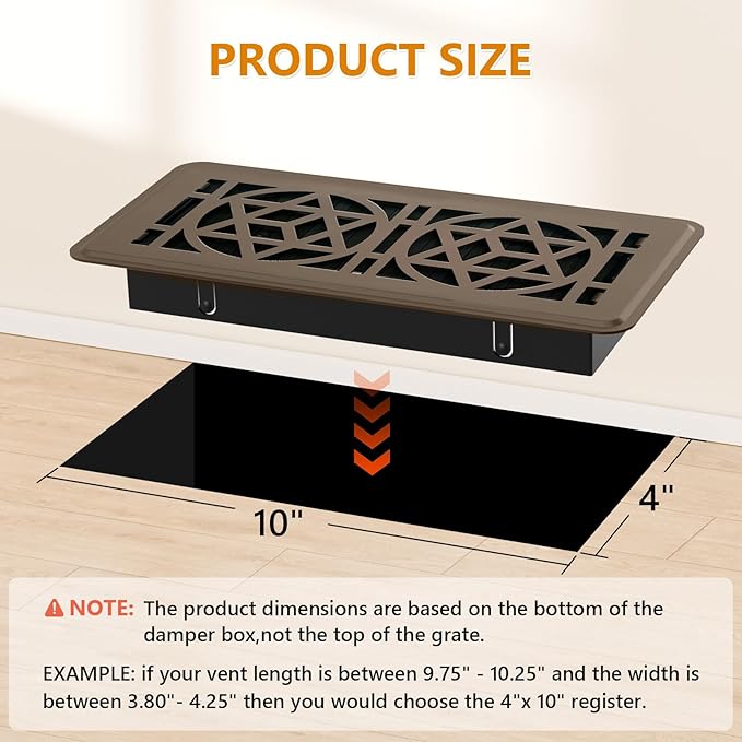 2 Pack Floor Vent Covers, Floor Register 4x10, Heavy Duty Walkable Steel Vent Cover, Adjustable Decorative Vent Covers for Home Floor Ceiling or Sidewall Vent, Rust-Proof Finish (Brown)