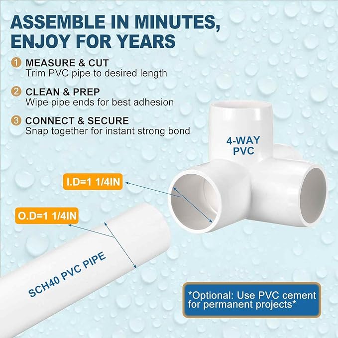 1 Pack 1 1/4" SCH40 PVC Elbow Pipe Fitting, 4-Way PVC Elbow Corner Side Outlet Tee Fitting, Furniture Grade Pipe Connectors for DIY Project, Pond Protection, Socket x Socket