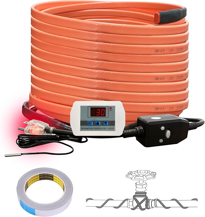 Cupohus Heat Tape for Water Pipes with Digital Display Thermostat 60FT, Freeze Protection Self-Regulating Heat Trace Cable for Metal, Plastic Home Pipes, Roof and RV, 110-120V