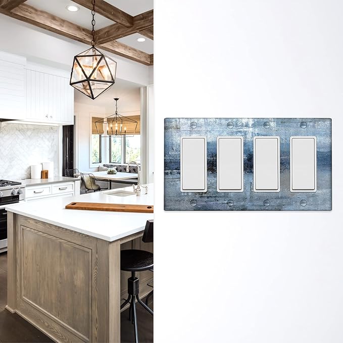 Blue Grey 4-Gang Rocker Light Switch Cover Abstract Art Decorative Wall Plate Cover Modern Electrical Outlet Covers