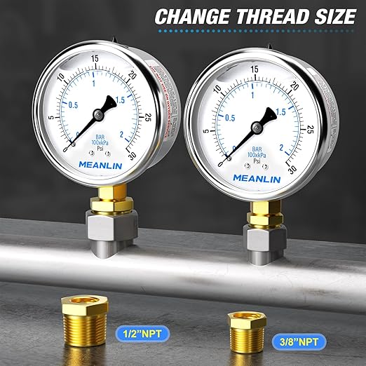 MEANLIN MEASURE 0~30Psi Stainless Steel 1/4" NPT 2.5" FACE DIAL Liquid Filled Pressure Gauge WOG Water Oil Air Lower Mount, with 1/4" x 1/2" NPT and 1/4" x 3/8" NPT Hex Bushing