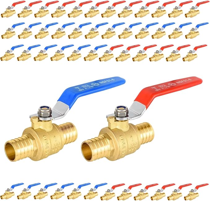 50-Pack Foskan 1" PEX Crimp Ball Valve, Brass Quarter Turn Full Port Shut-off Valve for PEX Tubing(Blue and Red)