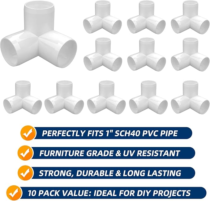 1" PVC Fittings 3 Way (12-Pack), Heavy Duty Furniture Grade Elbow Connector for DIY Furniture, Frames, Shelving UV Resistant, Compatible with 1" Schedule 40 PVC Pipe (3-Way, 1 Inch)