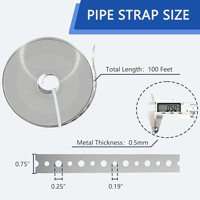 2 Pack Galvanized Metal Pipe Strap 3/4-Inch x 100ft Heavy Duty, 24 Gauge Silver Powder Coated Steel Strapping with 0.19" & 0.25" Holes for Pipe Support Hanging, Plumbing, HVAC, Duct Work, DIY Length